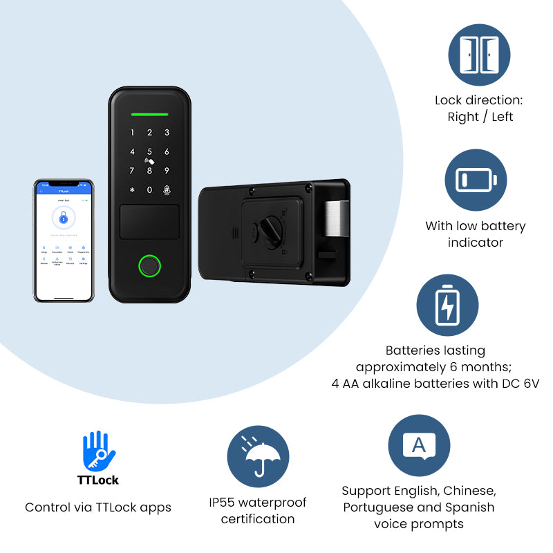 R7-TTLock App Biometric Electronic Rim Lock,TTLock App Outdoor Garden Smart Door Lock With Fingerprint Password RFID Card Unlock