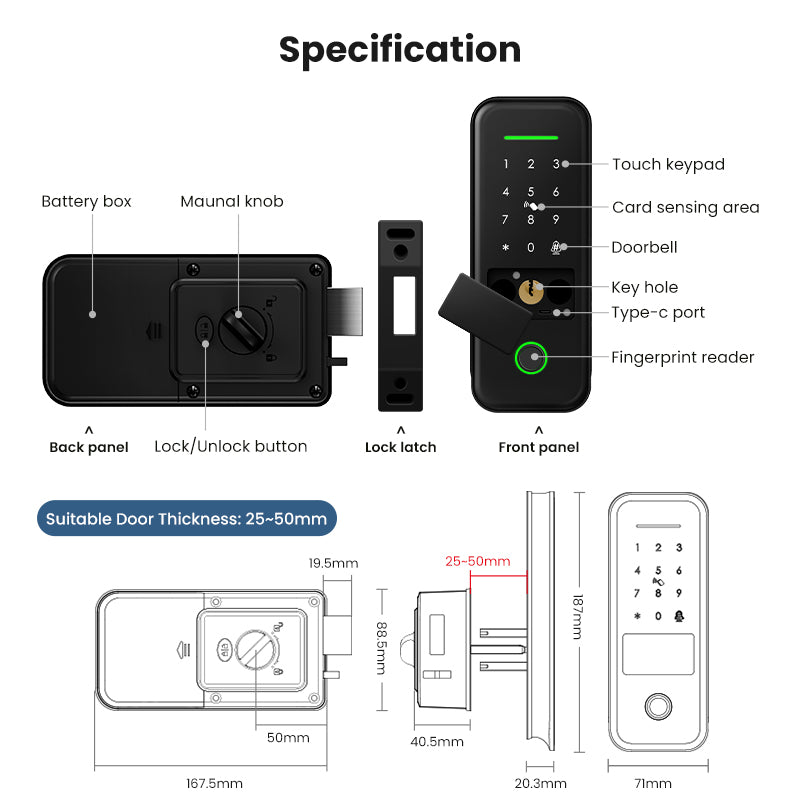 R7-TTLock App Biometric Electronic Rim Lock,TTLock App Outdoor Garden Smart Door Lock With Fingerprint Password RFID Card Unlock