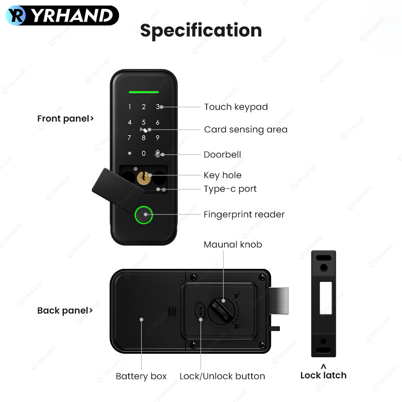 R7-Fingerprint Smart Lock TUYA App Remote Control, Keypad Code, RFID Card, Keyless Entry,Electronic Rim Lock for Home Security