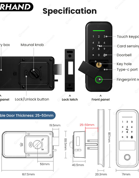 R7-Fingerprint Smart Lock TUYA App Remote Control, Keypad Code, RFID Card, Keyless Entry,Electronic Rim Lock for Home Security