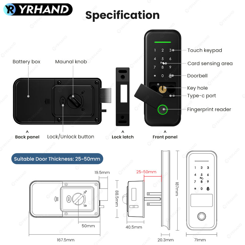 R7-Fingerprint Smart Lock TUYA App Remote Control, Keypad Code, RFID Card, Keyless Entry,Electronic Rim Lock for Home Security