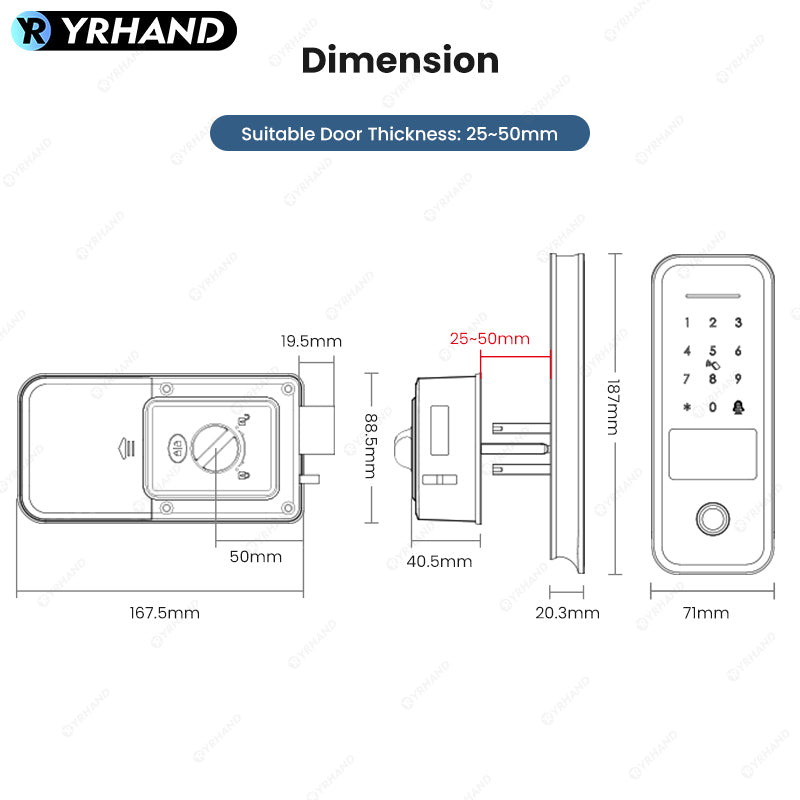 R7-Fingerprint Smart Lock TUYA App Remote Control, Keypad Code, RFID Card, Keyless Entry,Electronic Rim Lock for Home Security