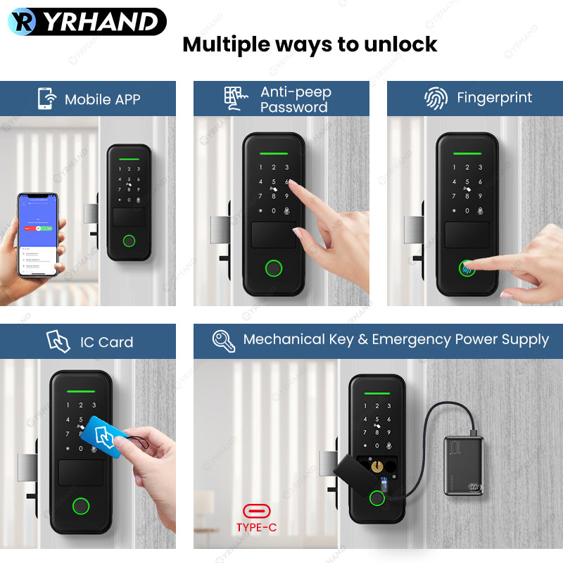 R7-Fingerprint Smart Lock TUYA App Remote Control, Keypad Code, RFID Card, Keyless Entry,Electronic Rim Lock for Home Security