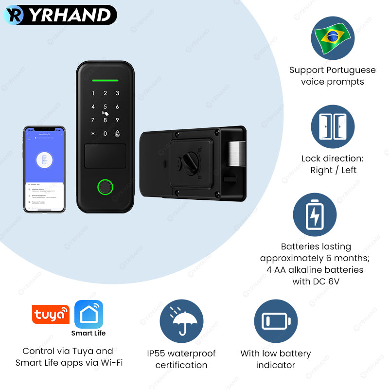 R7-Fingerprint Smart Lock TUYA App Remote Control, Keypad Code, RFID Card, Keyless Entry,Electronic Rim Lock for Home Security