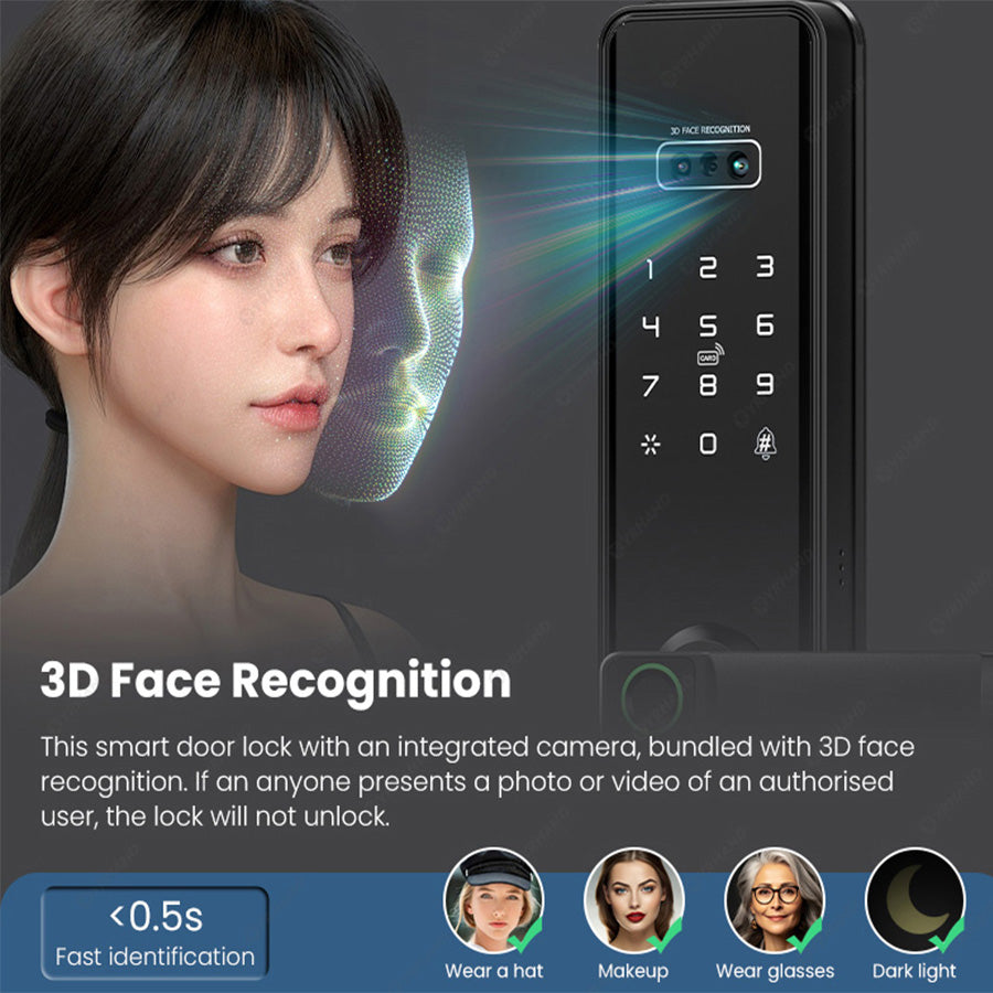 N1plus-TTLock App 3D Face Recognition Electronic Digital Smart Door Lock With Camera,Keyless Entry Smart Door Lock with 6085 Mortise,Biometric Fingerprint / RFID Card / Password / Key Unlock,for Home,Office,Apartment