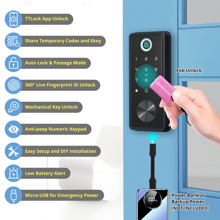 YRHAND Fingerprint security anti-theft waterproof TTlock Bluetooth APP smart door lock (Black)